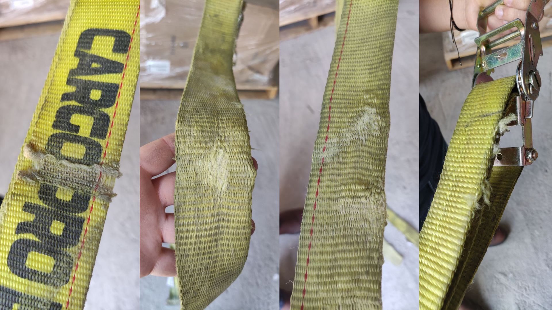 Inspección de equipo de sujeción Bandas de sujeción que exhiben diferentes tipos de desgaste y deben ser reemplazadas