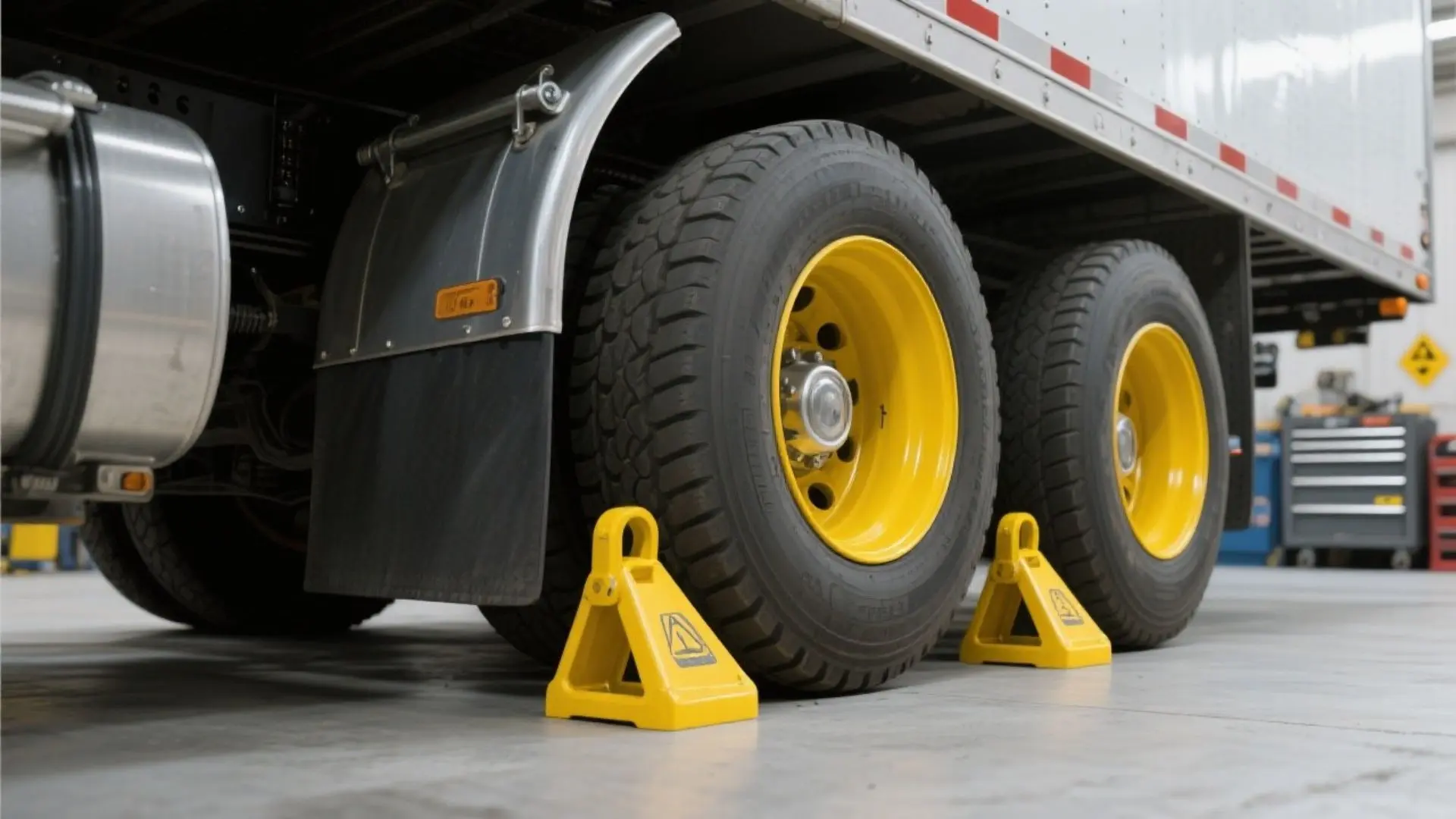 Primer plano de las ruedas traseras de un Freightliner M2 con calzos de seguridad, mostrando la importancia de asegurar el camión antes de iniciar el cambio de frenos.
