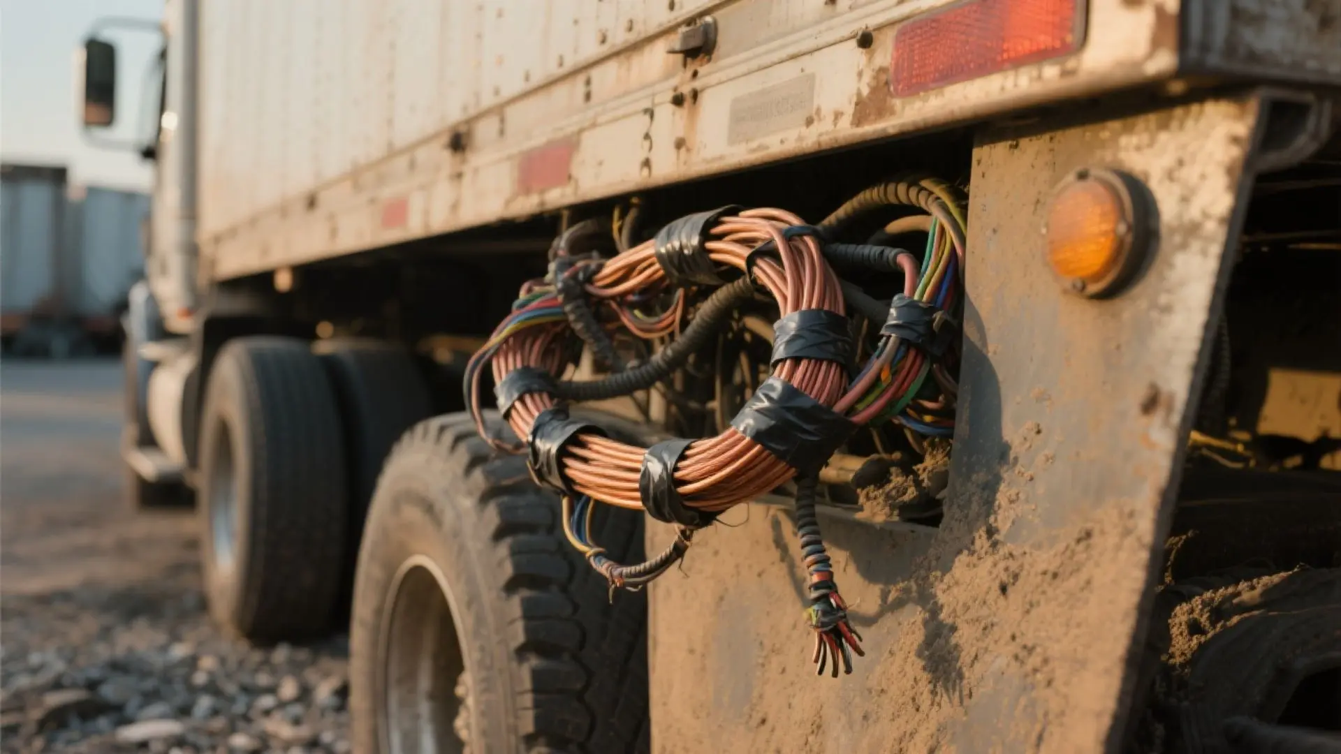 Detalle de un arnés trasero con una conexión improvisada y cables expuestos, evidenciando cómo las soluciones rápidas pueden convertirse en fallas críticas en el entorno hostil de un tractocamión.