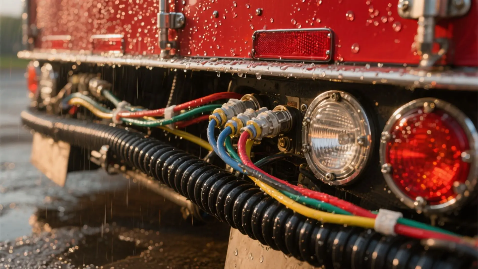 La parte trasera de un tractocamión muestra conectores sellados y cables protegidos con grasa dieléctrica y fundas, evidenciando la importancia de aislar el sistema eléctrico de la humedad y agentes corrosivos.