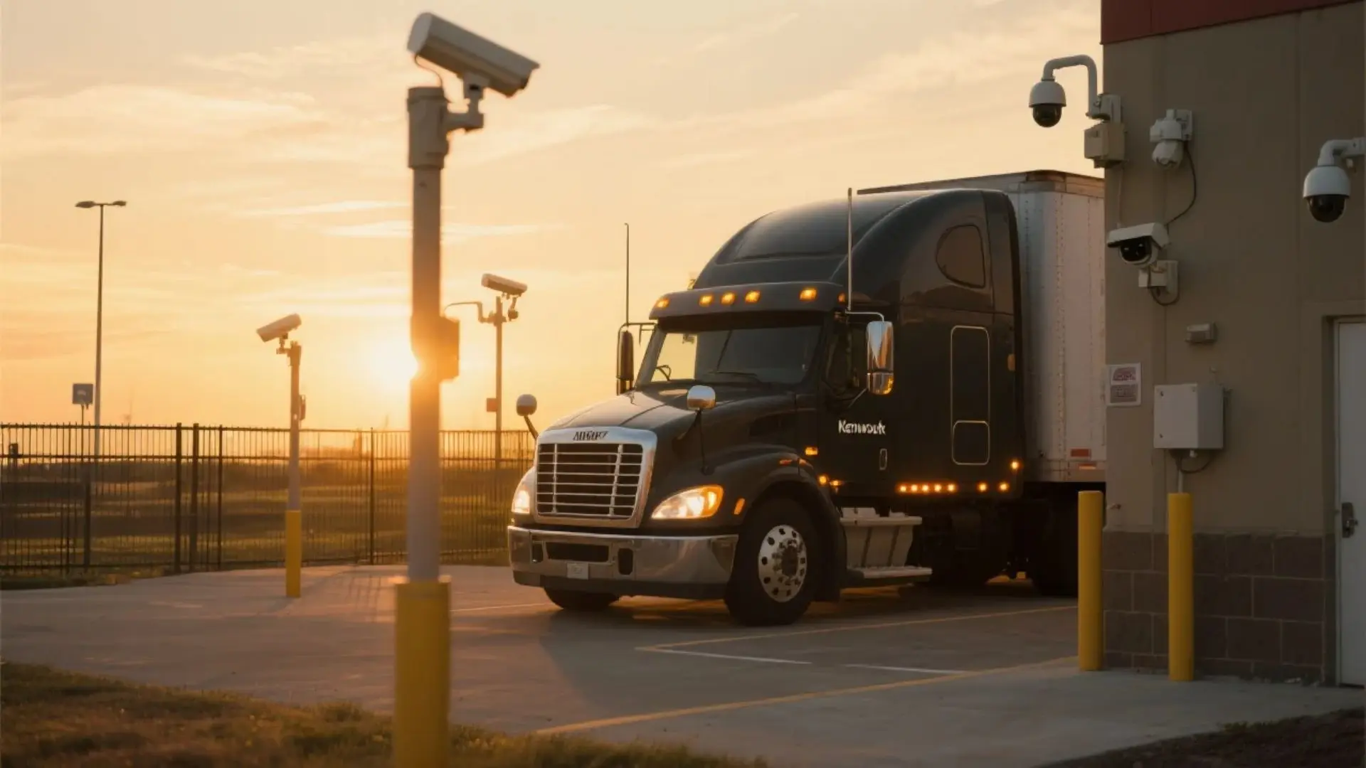 Tractocamión Kenworth estacionado en un lote seguro al atardecer, rodeado de cámaras de seguridad visibles y con las luces LED encendidas, transmitiendo un ambiente de protección y tranquilidad.