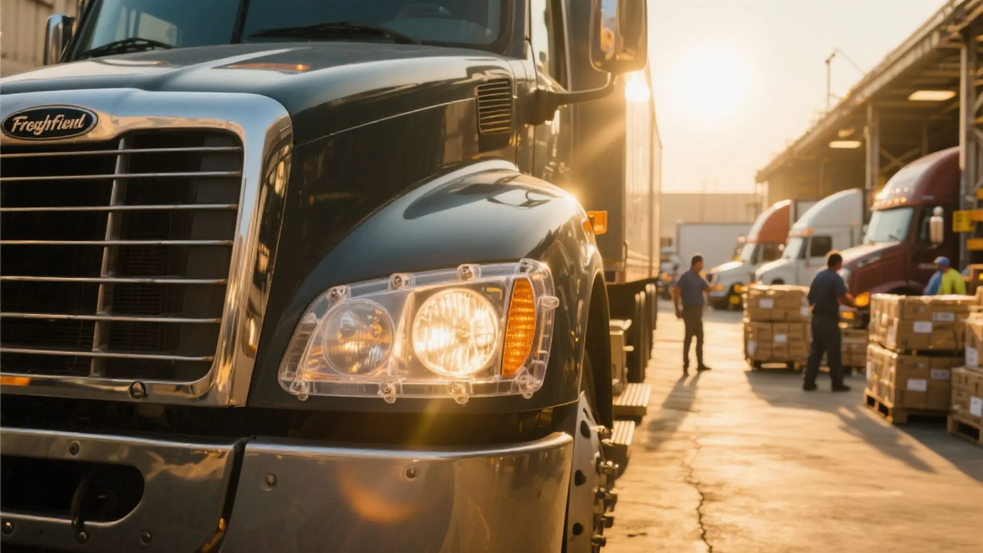 Tractocamión Freightliner en un muelle de carga activo, con sus luces LED equipadas con cubiertas de policarbonato reforzado; el fondo muestra otros camiones y trabajadores en movimiento.